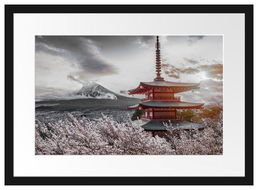 Japanischer Tempel zwischen Kirschblüten B&W Detail Passepartout Rechteckig 40