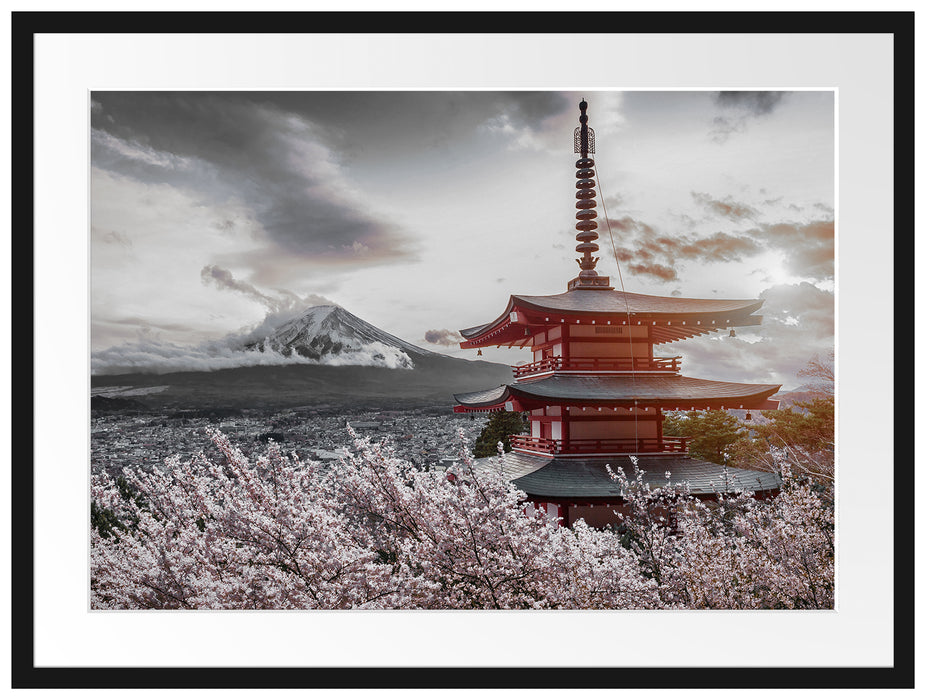 Japanischer Tempel zwischen Kirschblüten B&W Detail Passepartout Rechteckig 80