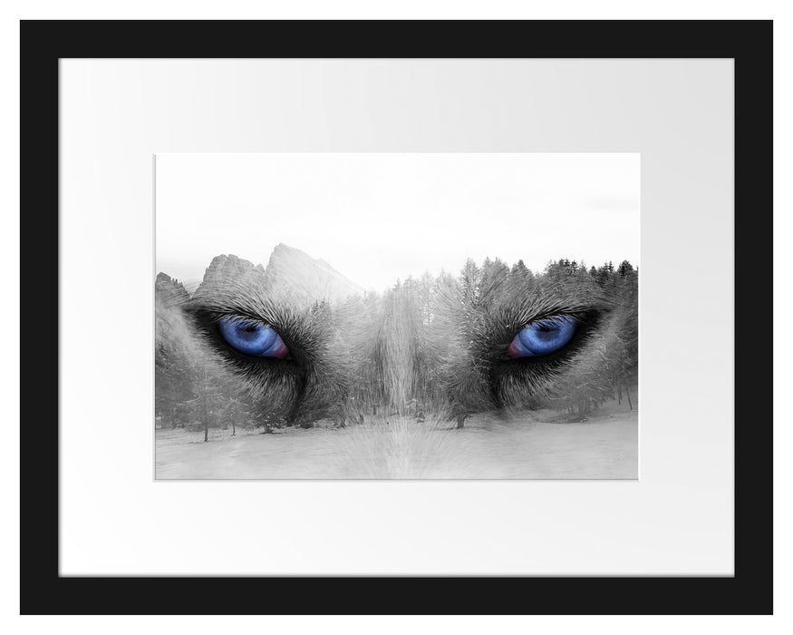 Pixxprint Overlay Wolfsaugen über Winterwald B&W Detail, im Galerie-Passepartout Bilderrahmen