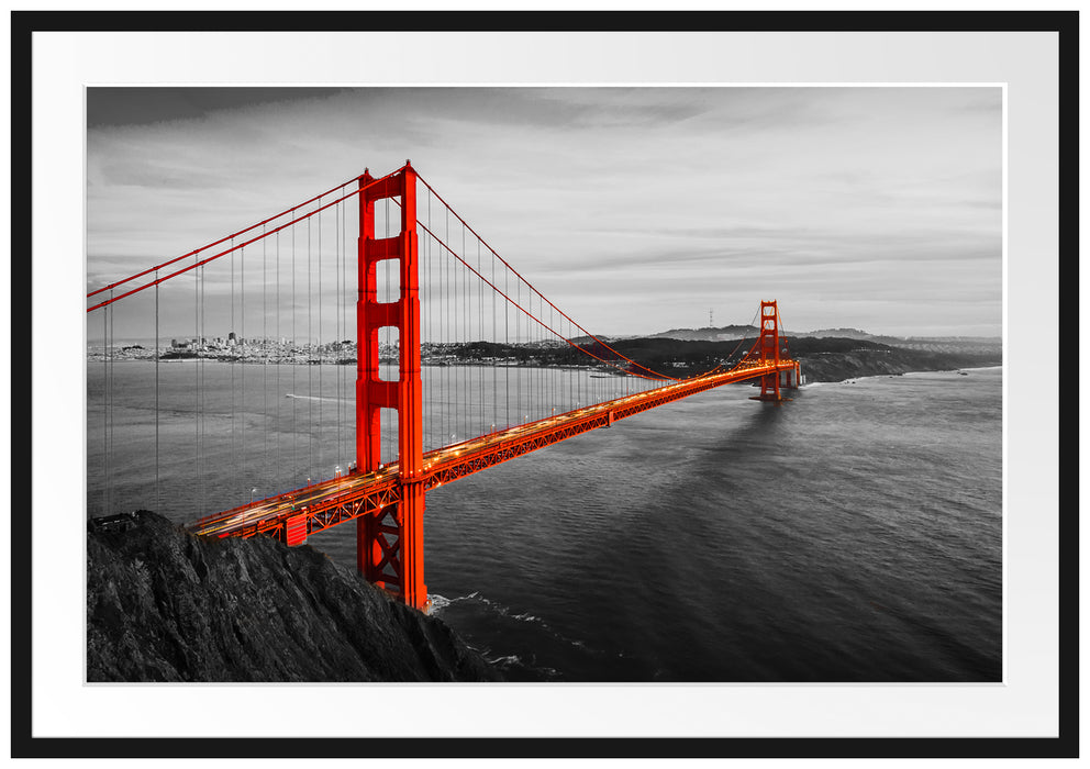 Golden Gate Bridge bei Sonnenuntergang B&W Detail Passepartout Rechteckig 100