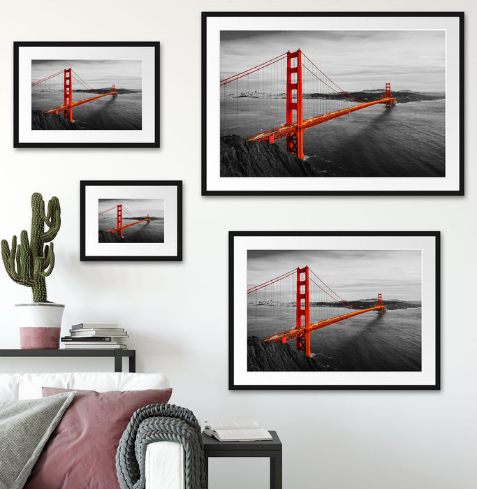 Golden Gate Bridge bei Sonnenuntergang B&W Detail Passepartout Wohnzimmer Rechteckig