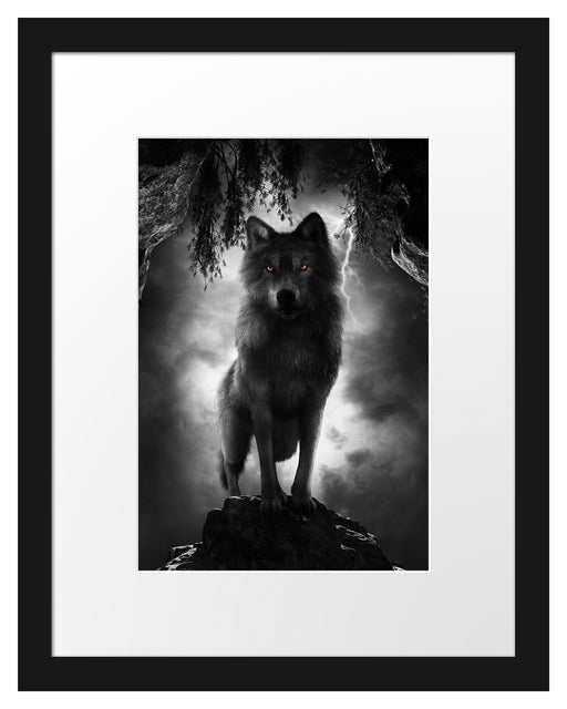 Böser Wolf bei Gewitter im Höhleneingang B&W Detail Passepartout Rechteckig 30