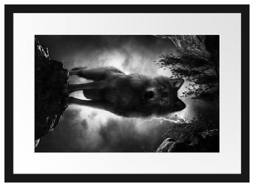 Böser Wolf bei Gewitter im Höhleneingang B&W Detail Passepartout Rechteckig 40