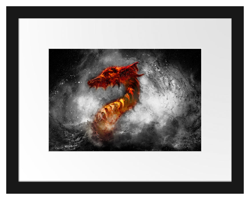 Pixxprint Abstrakter roter Feuerdrachen B&W Detail, im Galerie-Passepartout Bilderrahmen