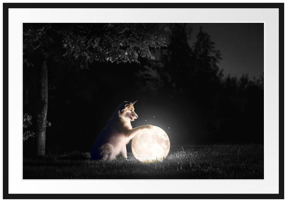 Hund mit leuchtendem Mond bei Nacht B&W Detail Passepartout Rechteckig 100