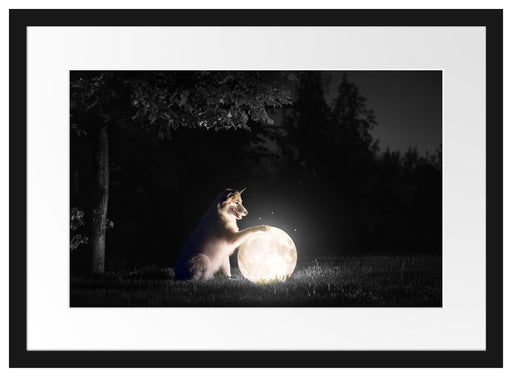 Hund mit leuchtendem Mond bei Nacht B&W Detail Passepartout Rechteckig 40
