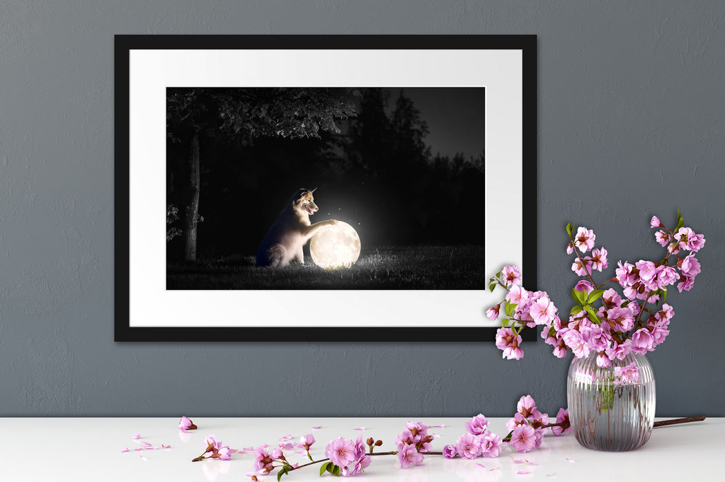 Hund mit leuchtendem Mond bei Nacht B&W Detail Passepartout Detail Rechteckig
