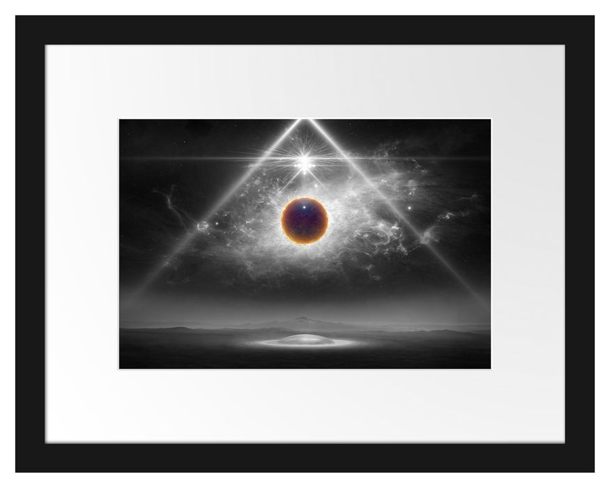 Pixxprint Science Fiction Collage Planeten im Weltraum B&W Detail, im Galerie-Passepartout Bilderrahmen