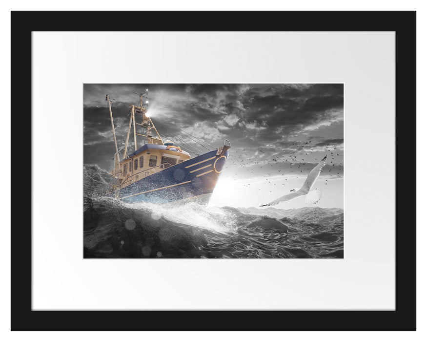 Pixxprint Fischerboot im Sturm auf hoher See B&W Detail, im Galerie-Passepartout Bilderrahmen