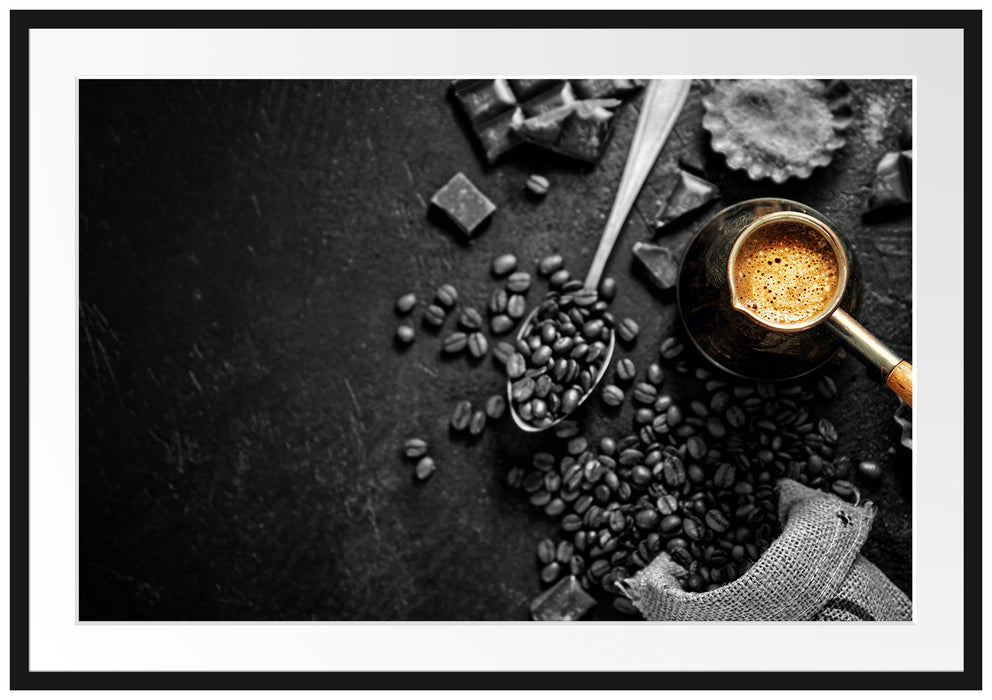 Kaffeebohnen und Schokolade von oben B&W Detail Passepartout Rechteckig 100