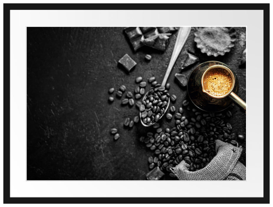 Kaffeebohnen und Schokolade von oben B&W Detail Passepartout Rechteckig 80