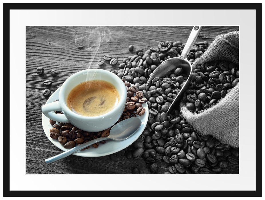 Espressotasse mit Kaffeebohnen B&W Detail Passepartout Rechteckig 80