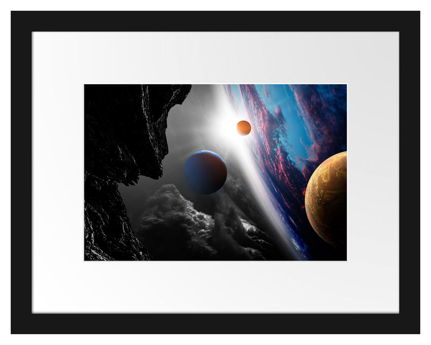 Pixxprint Abstrakte Planeten im Weltraum B&W Detail, im Galerie-Passepartout Bilderrahmen