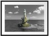 Leuchtturm auf kleiner Insel im Meer B&W Detail Passepartout Rechteckig 80