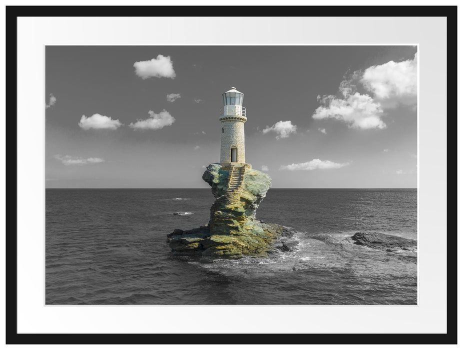 Leuchtturm auf kleiner Insel im Meer B&W Detail Passepartout Rechteckig 80