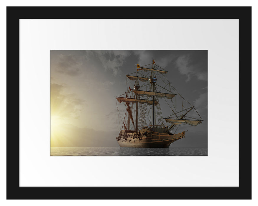 Pixxprint Großes Segelschiff im Sonnenuntergang B&W Detail, im Galerie-Passepartout Bilderrahmen