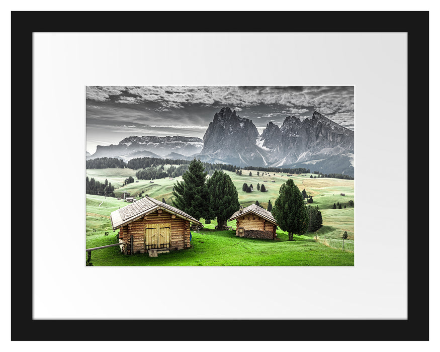 Pixxprint Blockhäuser in den Dolomiten B&W Detail, im Galerie-Passepartout Bilderrahmen