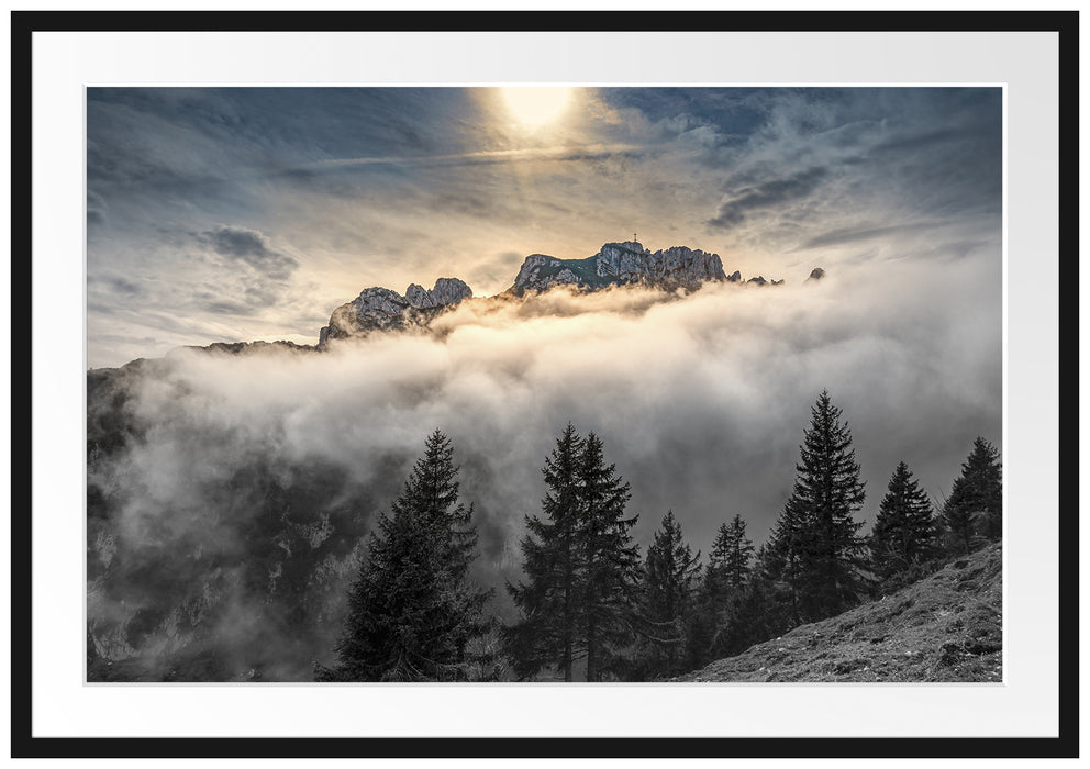 Aufsteigende Wolken in den Dolomiten B&W Detail Passepartout Rechteckig 100