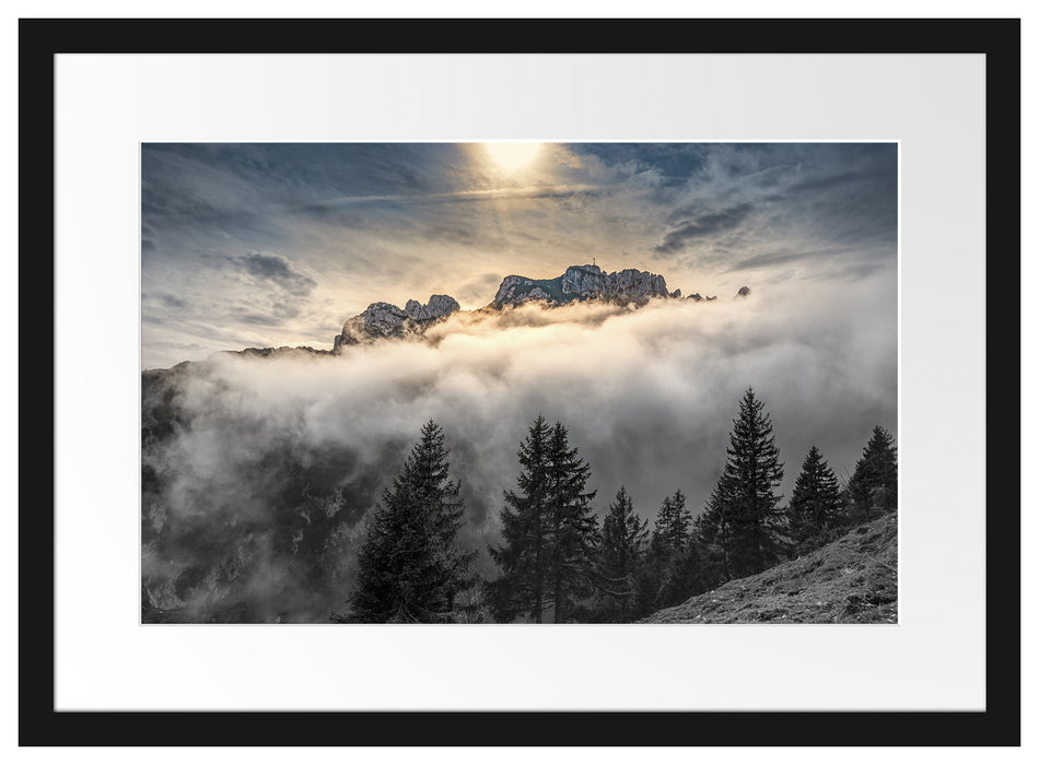 Aufsteigende Wolken in den Dolomiten B&W Detail Passepartout Rechteckig 40