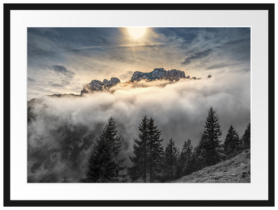 Aufsteigende Wolken in den Dolomiten B&W Detail Passepartout Rechteckig 80