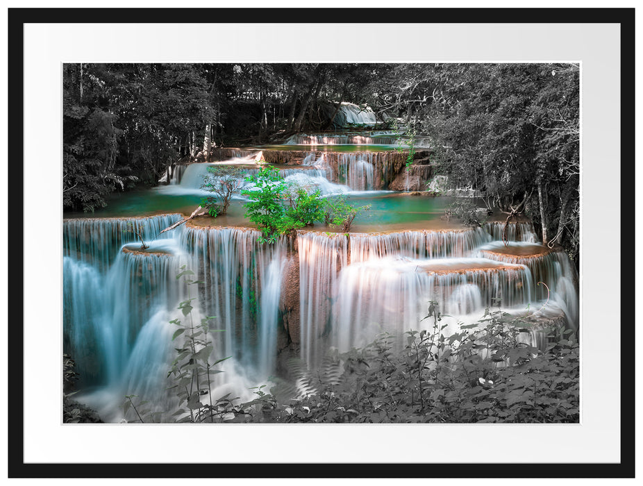 Türkise Wasserfälle in Thailand B&W Detail Passepartout Rechteckig 80