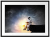 Lesender Astronaut auf Vorsprung vor Galaxie B&W Detail Passepartout Rechteckig 80