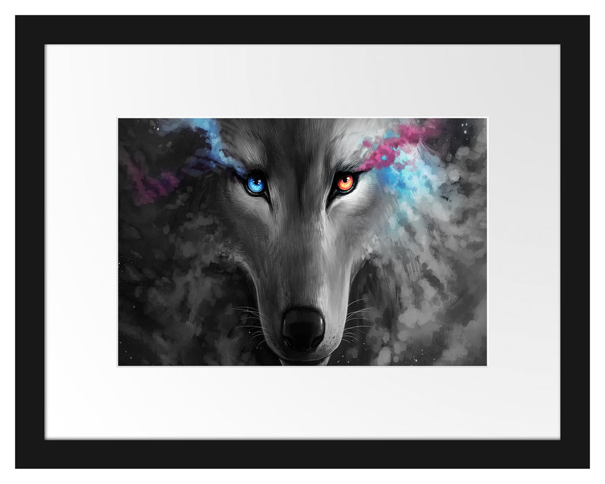 Pixxprint Abstrakter Wolf mit rauchenden Augen B&W Detail, im Galerie-Passepartout Bilderrahmen