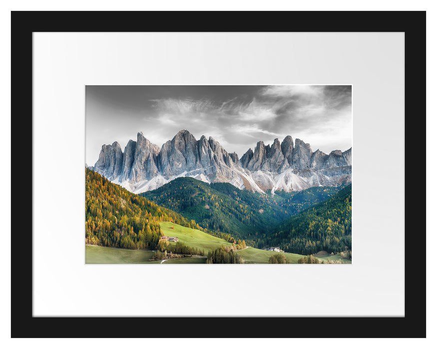 Pixxprint Bunte Waldlandschaft vor den Dolomiten B&W Detail, im Galerie-Passepartout Bilderrahmen