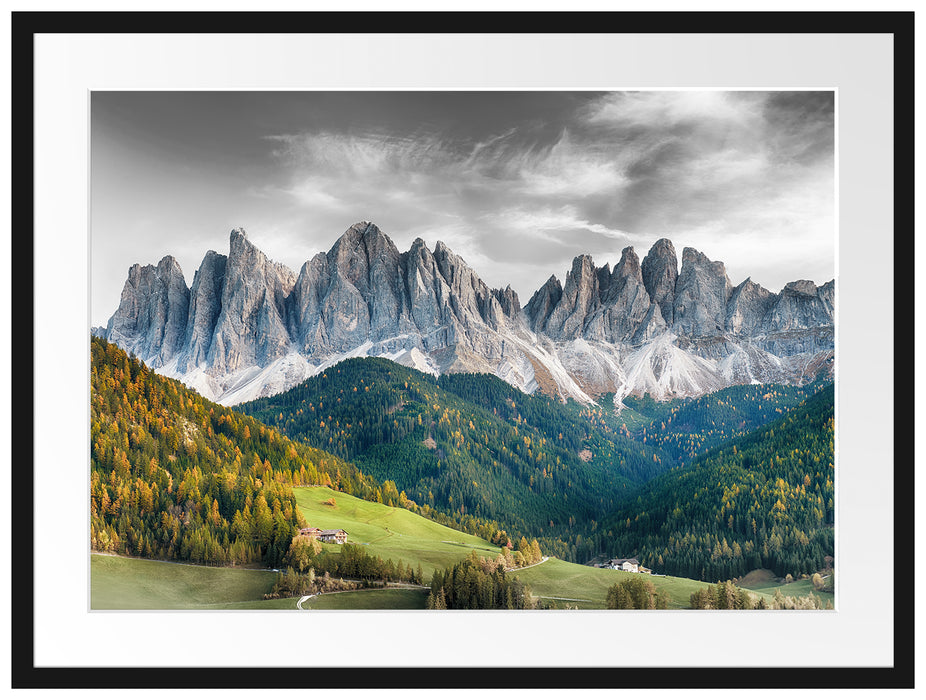 Bunte Waldlandschaft vor den Dolomiten B&W Detail Passepartout Rechteckig 80