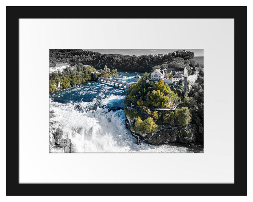 Pixxprint Panorama vom Rheinfall in der Schweiz B&W Detail, im Galerie-Passepartout Bilderrahmen