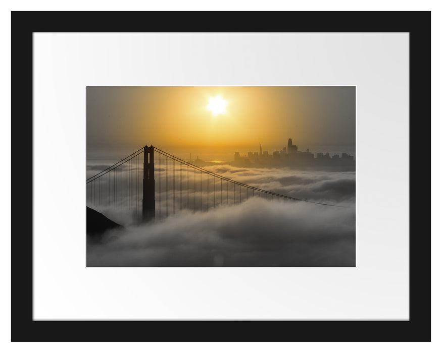 Pixxprint Golden Gate Bridge im Sonnenaufgang B&W Detail, im Galerie-Passepartout Bilderrahmen