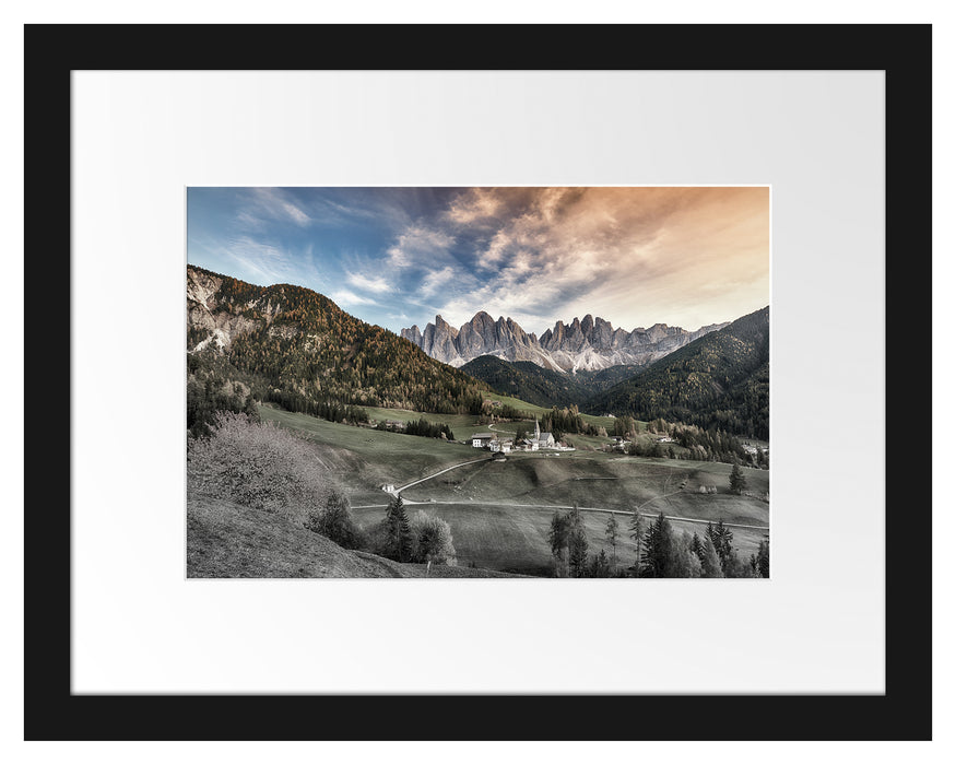 Pixxprint Herbstliche Landschaft in den Dolomiten B&W Detail, im Galerie-Passepartout Bilderrahmen