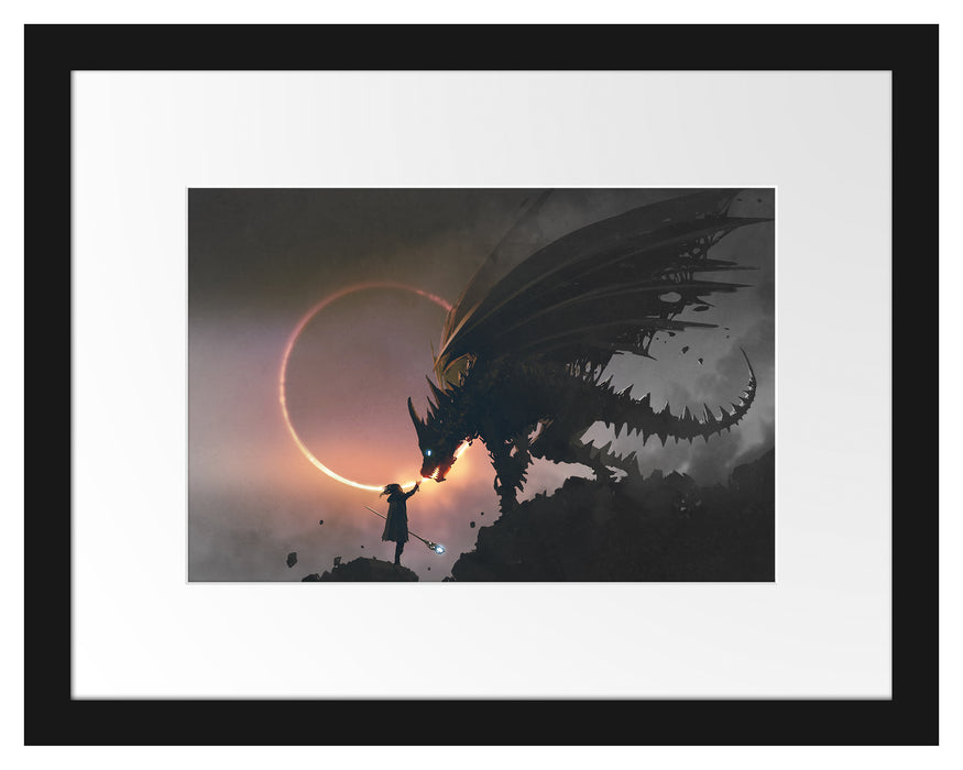 Pixxprint Zauberer und Drache bei Sonnenfinsternis B&W Detail, im Galerie-Passepartout Bilderrahmen