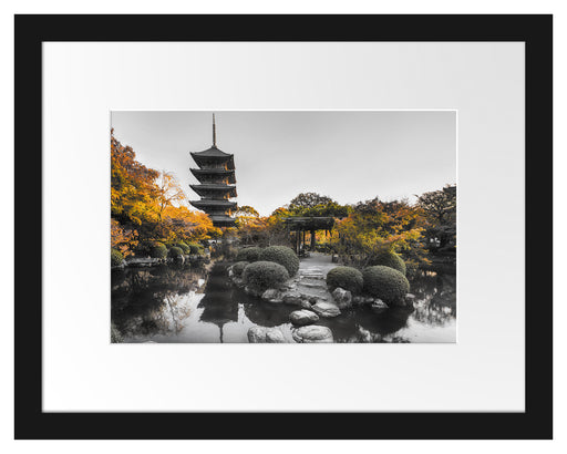 See im Herbst vor japanischem Tempel B&W Detail Passepartout Rechteckig 30