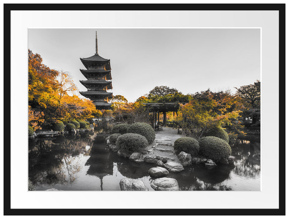 See im Herbst vor japanischem Tempel B&W Detail Passepartout Rechteckig 80