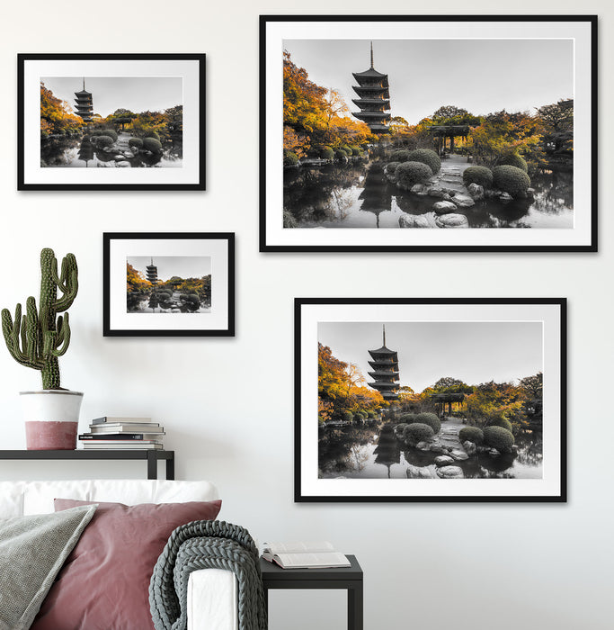 See im Herbst vor japanischem Tempel B&W Detail Passepartout Wohnzimmer Rechteckig