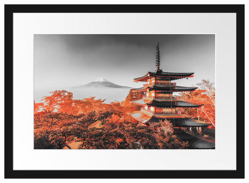 Japanischer Tempel in bunten Baumwipfeln B&W Detail Passepartout Rechteckig 40