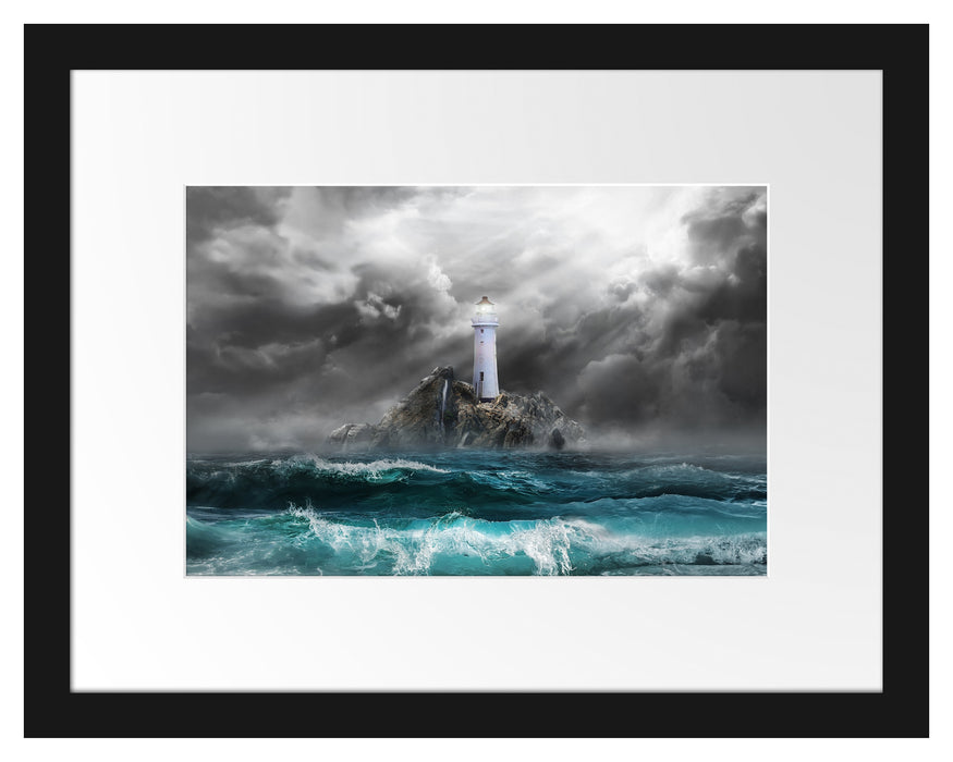 Pixxprint Sonnenstrahlen auf Leuchtturm im Sturm B&W Detail, im Galerie-Passepartout Bilderrahmen