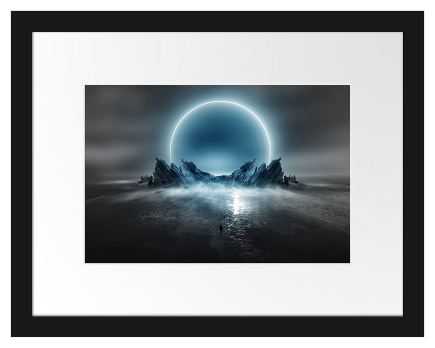 Pixxprint Abstrakter Mond hinter Felsformation B&W Detail, im Galerie-Passepartout Bilderrahmen