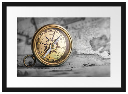 Alter Kompass auf Weltkarte B&W Detail Passepartout Rechteckig 40