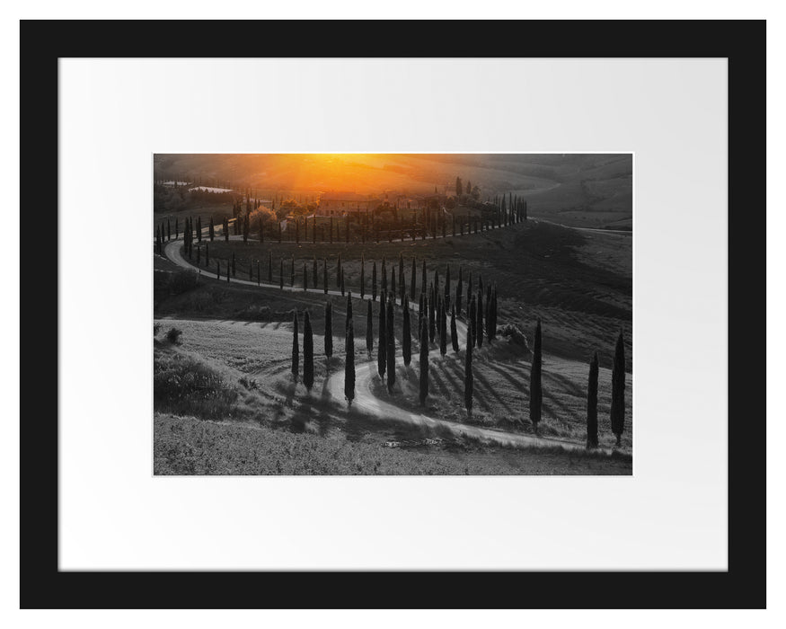 Pixxprint Straße in der Toskana im Sonnenuntergang B&W Detail, im Galerie-Passepartout Bilderrahmen