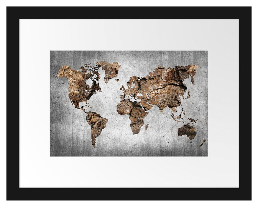 Pixxprint Weltkarte auf altem Holz B&W Detail, im Galerie-Passepartout Bilderrahmen
