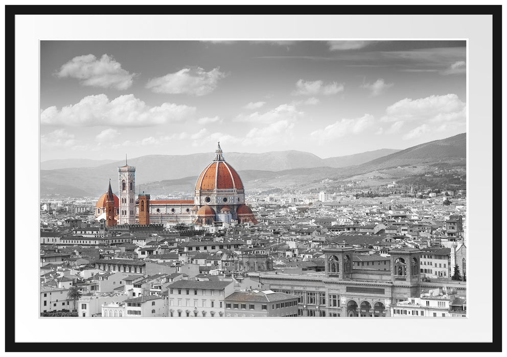 Panoramablick über die Dächer von Florenz B&W Detail Passepartout Rechteckig 100