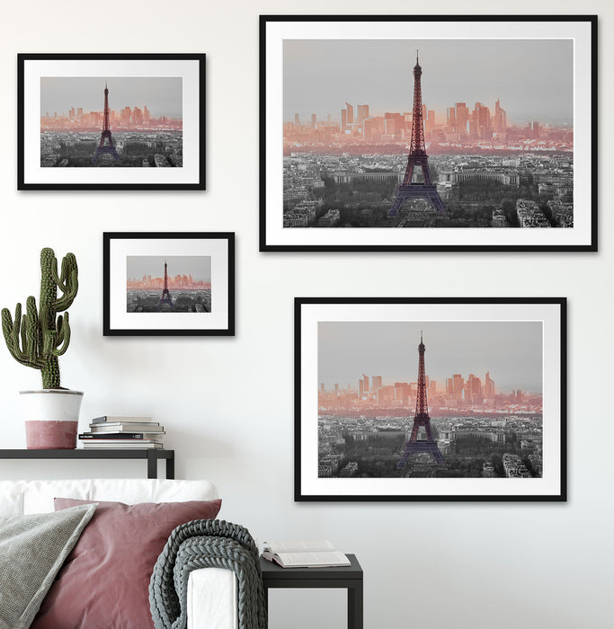 Panorama Eiffelturm bei Sonnenuntergang B&W Detail Passepartout Wohnzimmer Rechteckig