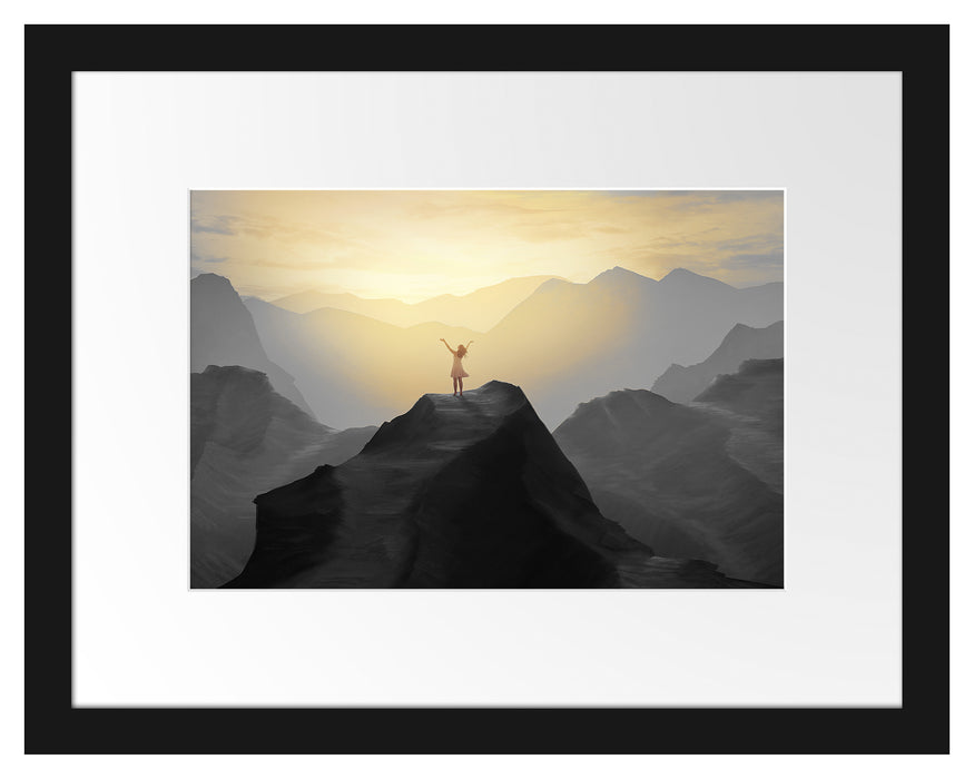 Pixxprint Einsame Frau auf Felszug Anbetung B&W Detail, im Galerie-Passepartout Bilderrahmen
