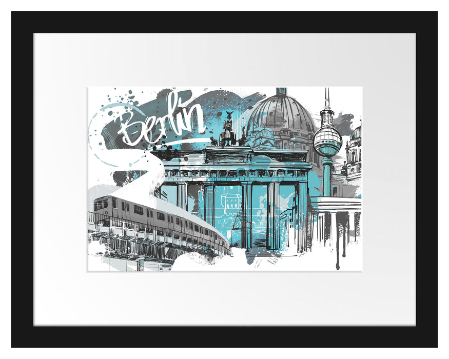 Pixxprint Berlin und seine Wahrzeichen Abstrakt B&W Detail, im Galerie-Passepartout Bilderrahmen