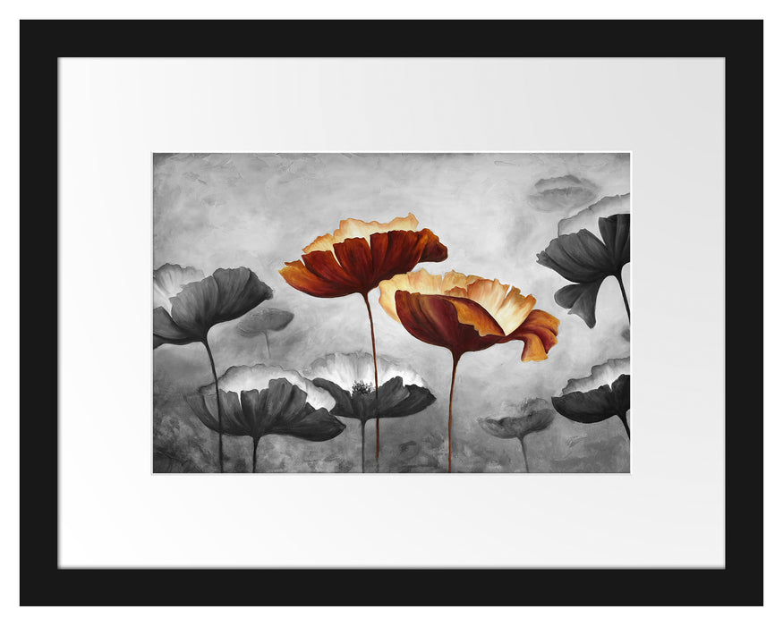 Pixxprint Mohnblumen gezeichnet B&W Detail, im Galerie-Passepartout Bilderrahmen