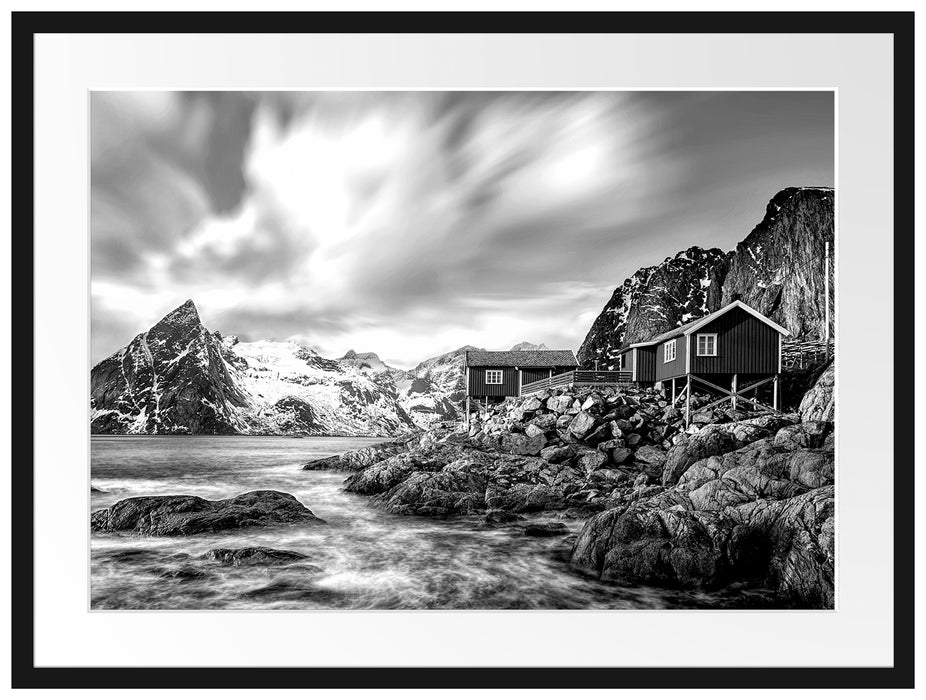 Einsames rotes Haus am Meer in Norwegen, Monochrome Passepartout Rechteckig 80