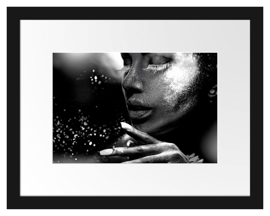 Pixxprint Frauengesicht bunte Neonlichter, Monochrome, im Galerie-Passepartout Bilderrahmen