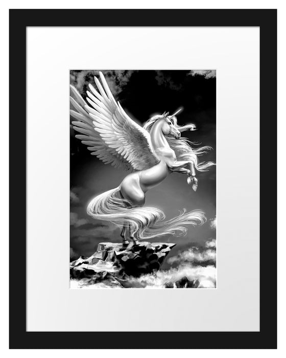 Pixxprint Geflügeltes Einhorn auf Felsen, Monochrome, im Galerie-Passepartout Bilderrahmen